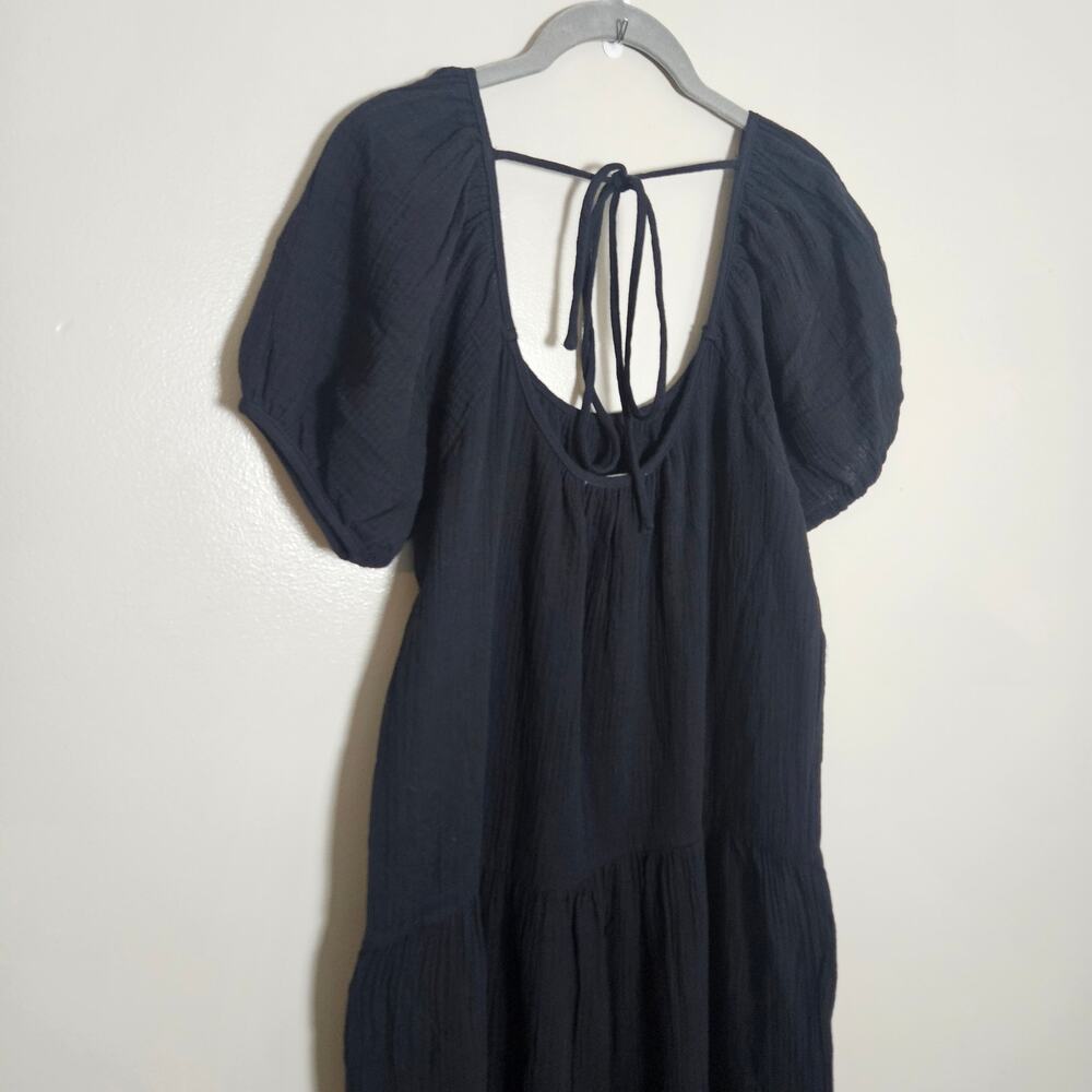 NWOT Socialite Scoop Neck Puff Sleeve Tie Back Midi Tiered Dress Sz XS Black - Picture 9 of 14